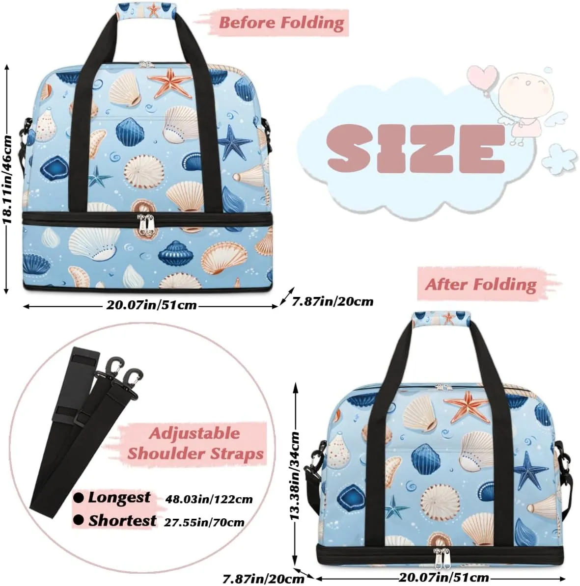 Seashell Starfish Foldable Travel Duffel Bag Overnight Weekender Bag with Shoes Compartment Sports Gym Bag for Men Women