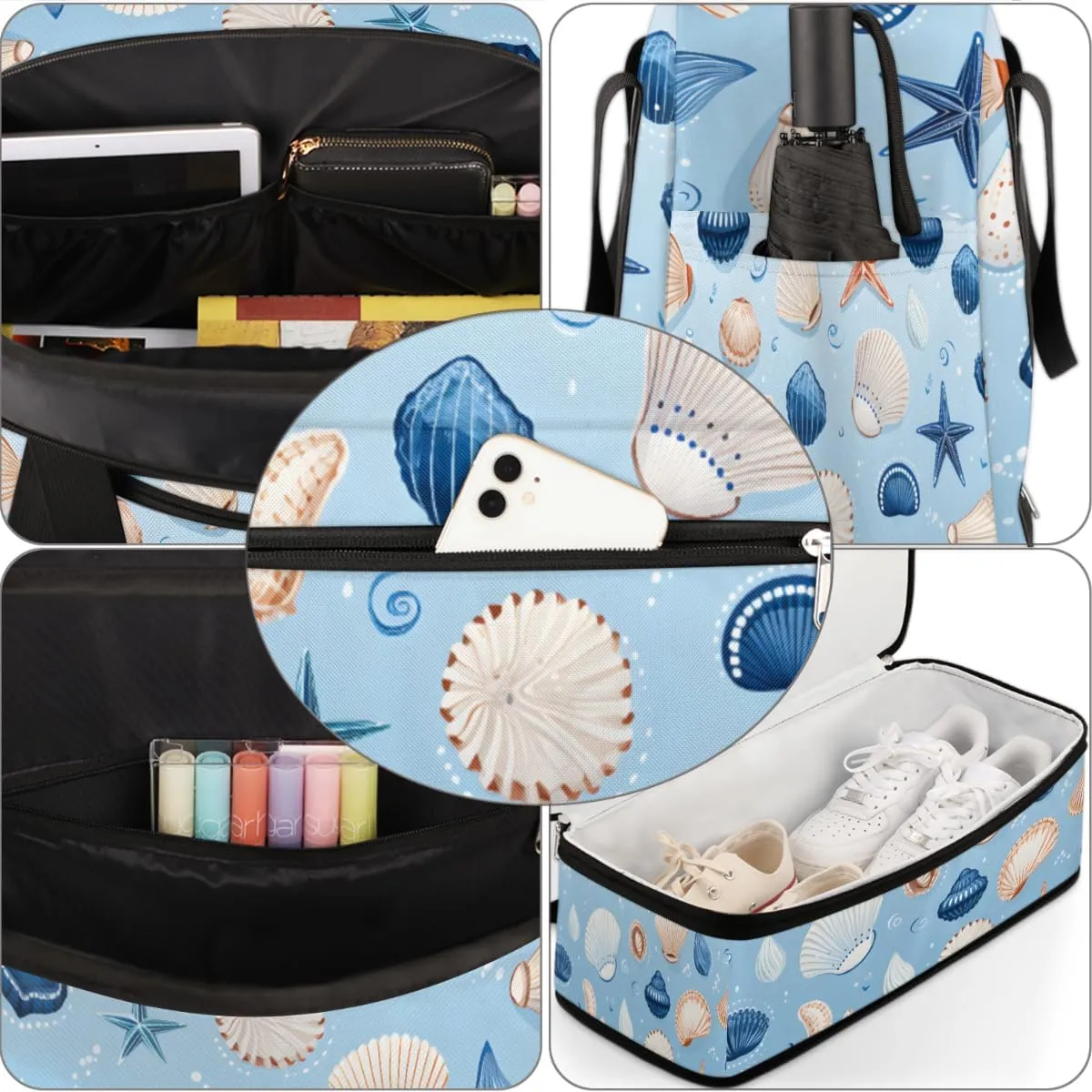 Seashell Starfish Foldable Travel Duffel Bag Overnight Weekender Bag with Shoes Compartment Sports Gym Bag for Men Women