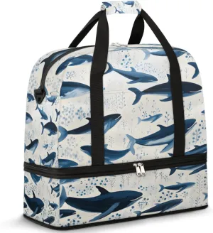 Sharks Dark Blue Foldable Travel Duffel Bag Overnight Weekender Bag with Shoes Compartment Sports Gym Bag for Men Women