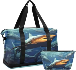 Sharks Sports Gym Bag,Travel Duffel bag with Wet Pocket & Shoes Compartment Lightweight Waterproof Overnight Bag for Men Women
