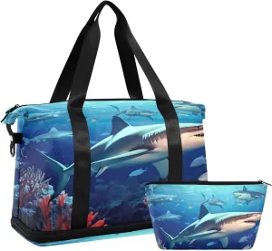 Sharks Sports Gym Bag,Travel Duffel bag with Wet Pocket & Shoes Compartment Lightweight Waterproof Overnight Bag for Men Women