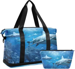 Sharks Sports Gym Bag,Travel Duffel bag with Wet Pocket & Shoes Compartment Lightweight Waterproof Overnight Bag for Men Women