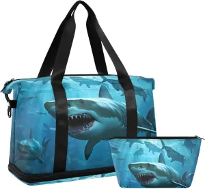Sharks Sports Gym Bag,Travel Duffel bag with Wet Pocket & Shoes Compartment Lightweight Waterproof Overnight Bag for Men Women