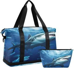 Sharks Sports Gym Bag,Travel Duffel bag with Wet Pocket & Shoes Compartment Lightweight Waterproof Overnight Bag for Men Women