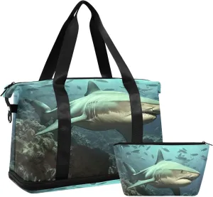 Sharks Sports Gym Bag,Travel Duffel bag with Wet Pocket & Shoes Compartment Lightweight Waterproof Overnight Bag for Men Women
