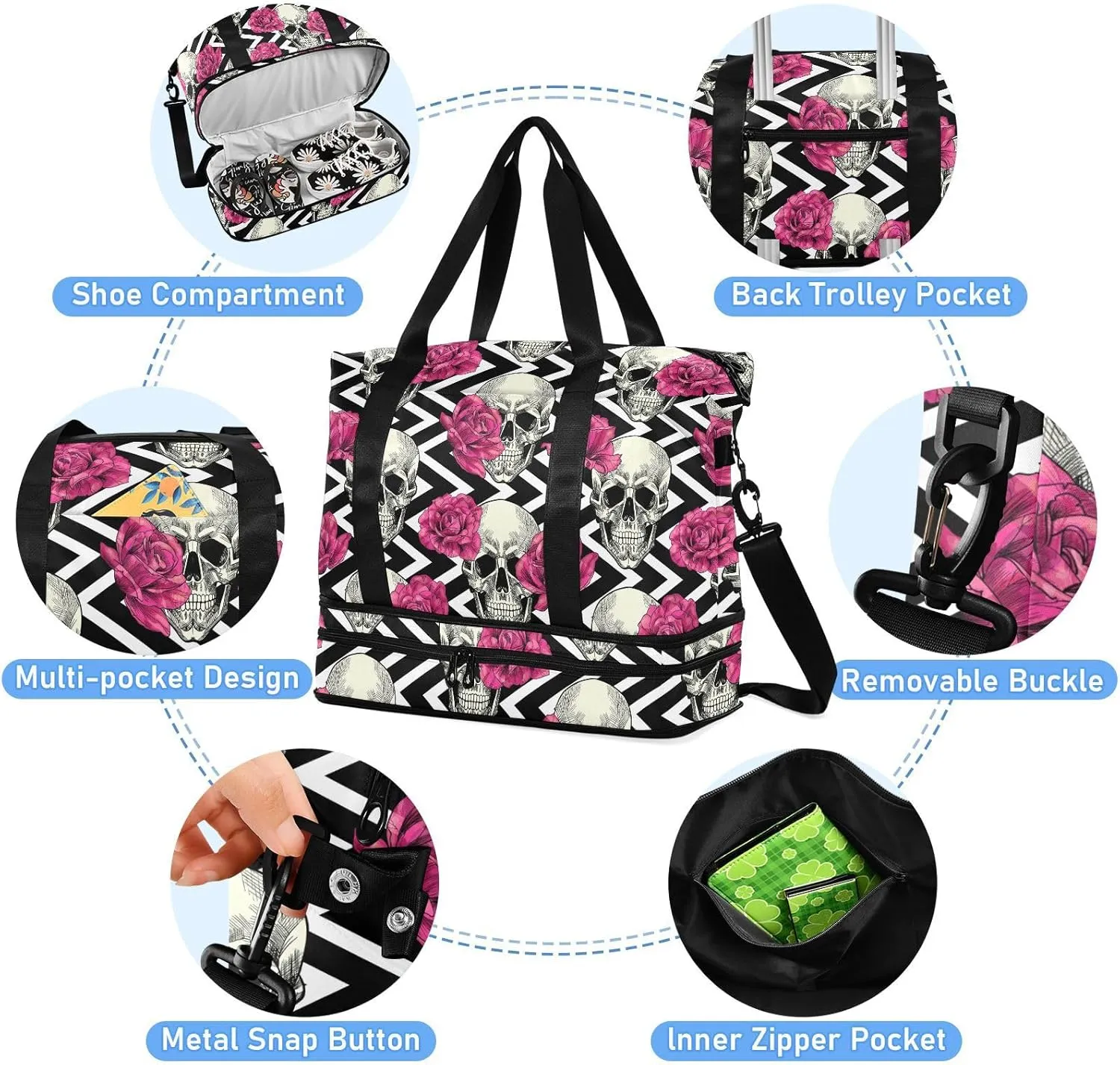 Skull Weekender Gym Bag for Women - Red Flowers Sports Duffle Travel Tote with Toiletry Bag, Shoes Compartment & Dry/Wet Separation