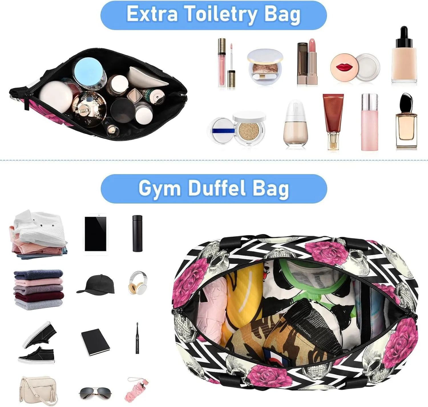 Skull Weekender Gym Bag for Women - Red Flowers Sports Duffle Travel Tote with Toiletry Bag, Shoes Compartment & Dry/Wet Separation