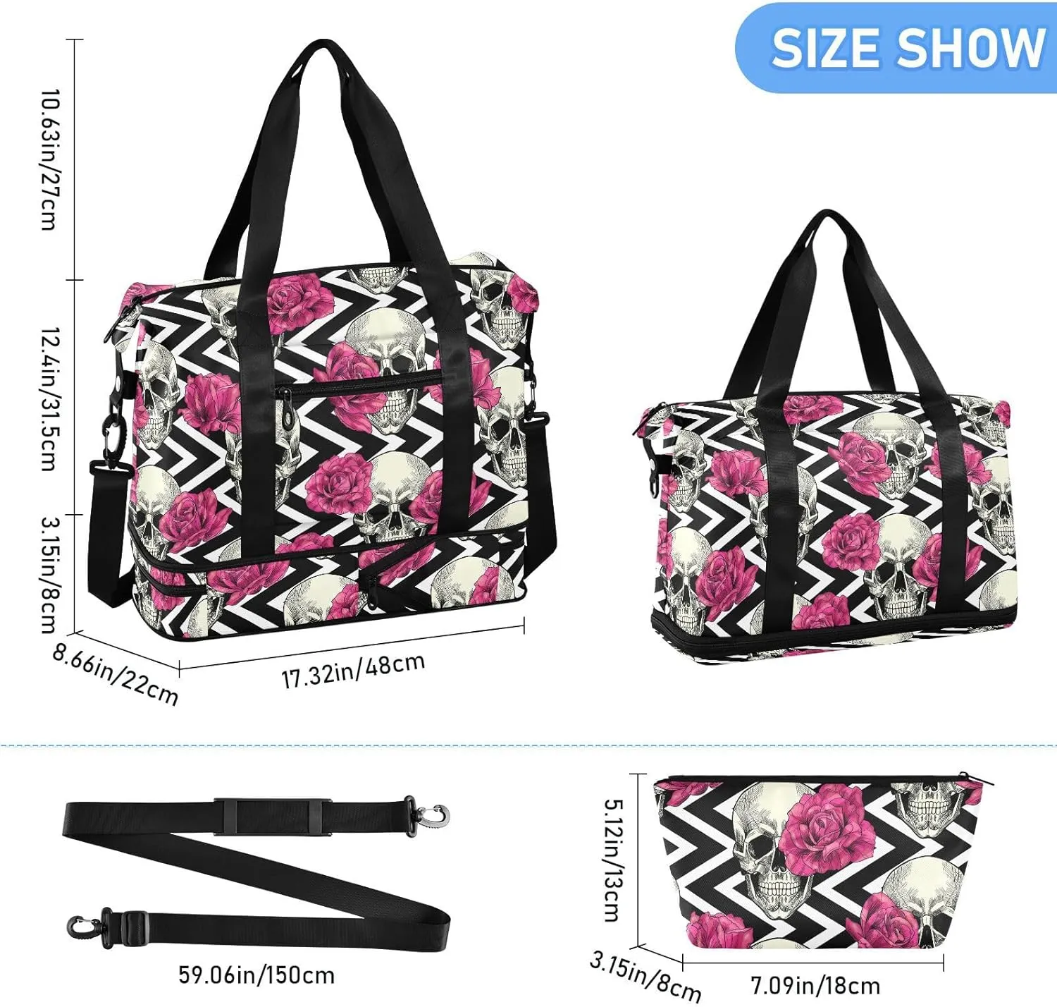 Skull Weekender Gym Bag for Women - Red Flowers Sports Duffle Travel Tote with Toiletry Bag, Shoes Compartment & Dry/Wet Separation