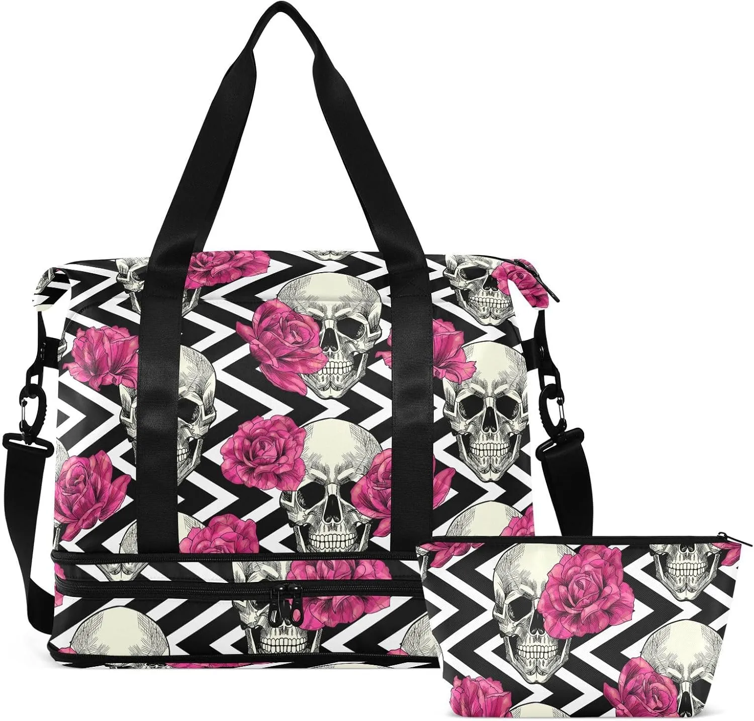 Skull Weekender Gym Bag for Women - Red Flowers Sports Duffle Travel Tote with Toiletry Bag, Shoes Compartment & Dry/Wet Separation