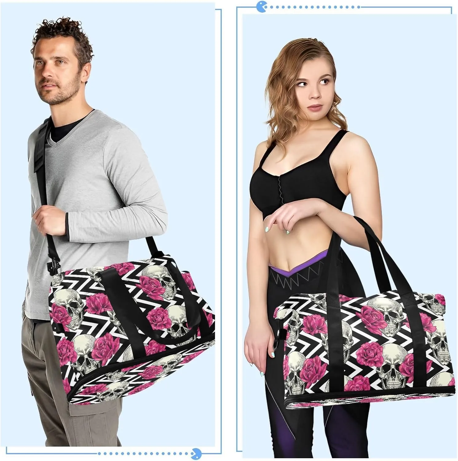 Skull Weekender Gym Bag for Women - Red Flowers Sports Duffle Travel Tote with Toiletry Bag, Shoes Compartment & Dry/Wet Separation