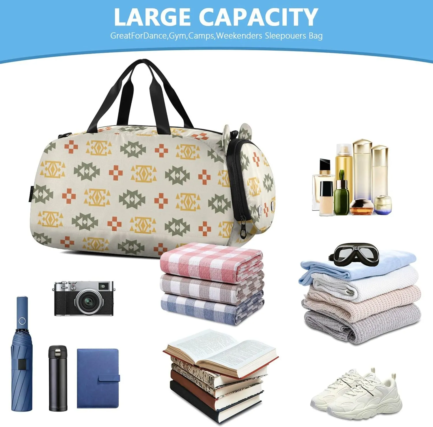 Southwestern Aztec Pattern Boy's Gym Duffel Bag with Shoes Compartment Multifunctional Overnight Bag for Travel, Swimming, Dance, Ballet