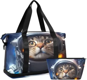 Space Cat Sports Gym Bag,Travel Duffel bag with Wet Pocket & Shoes Compartment Lightweight Waterproof Overnight Bag for Men Women