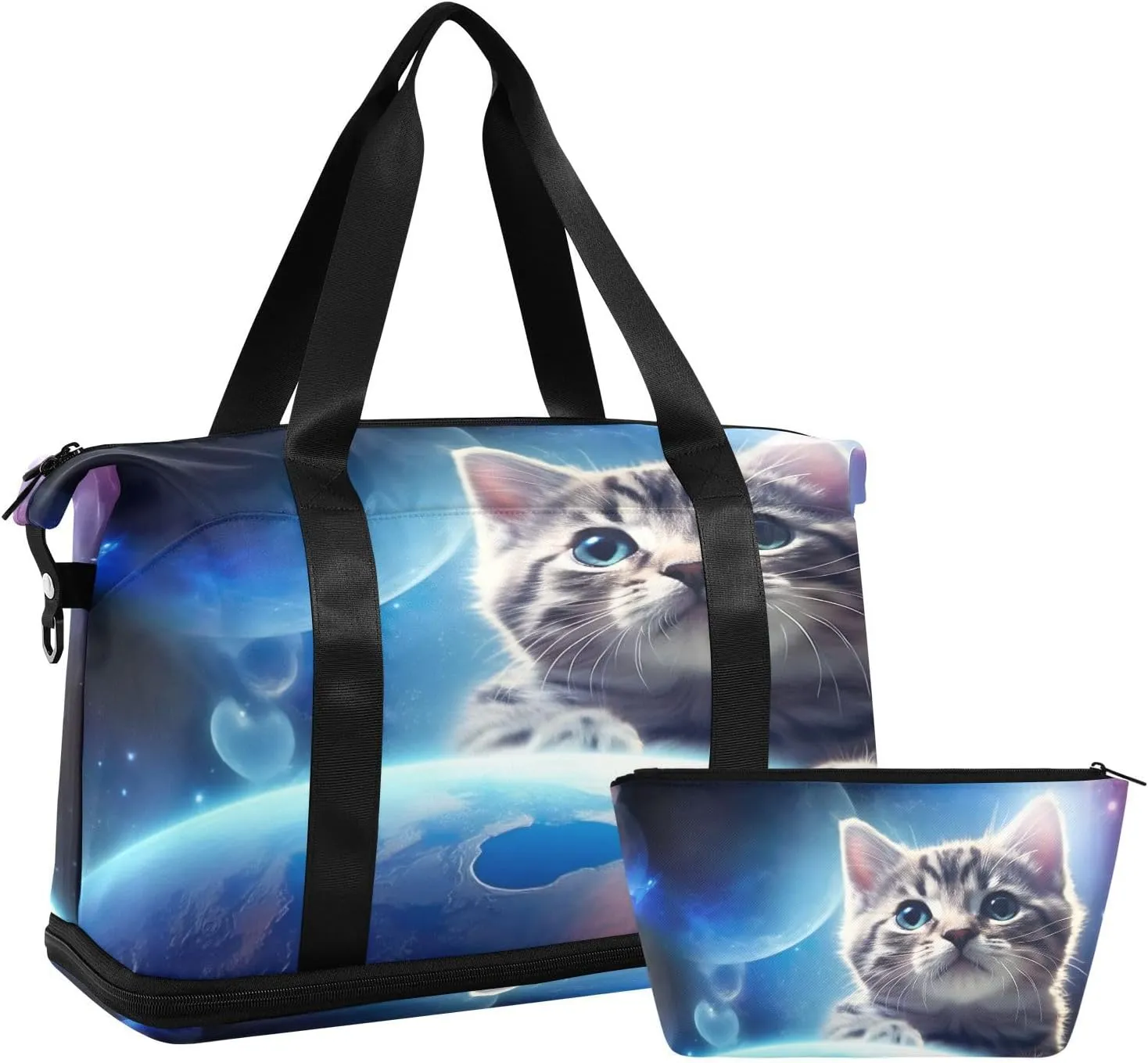 Space Cat Sports Gym Bag,Travel Duffel bag with Wet Pocket & Shoes Compartment Lightweight Waterproof Overnight Bag for Men Women