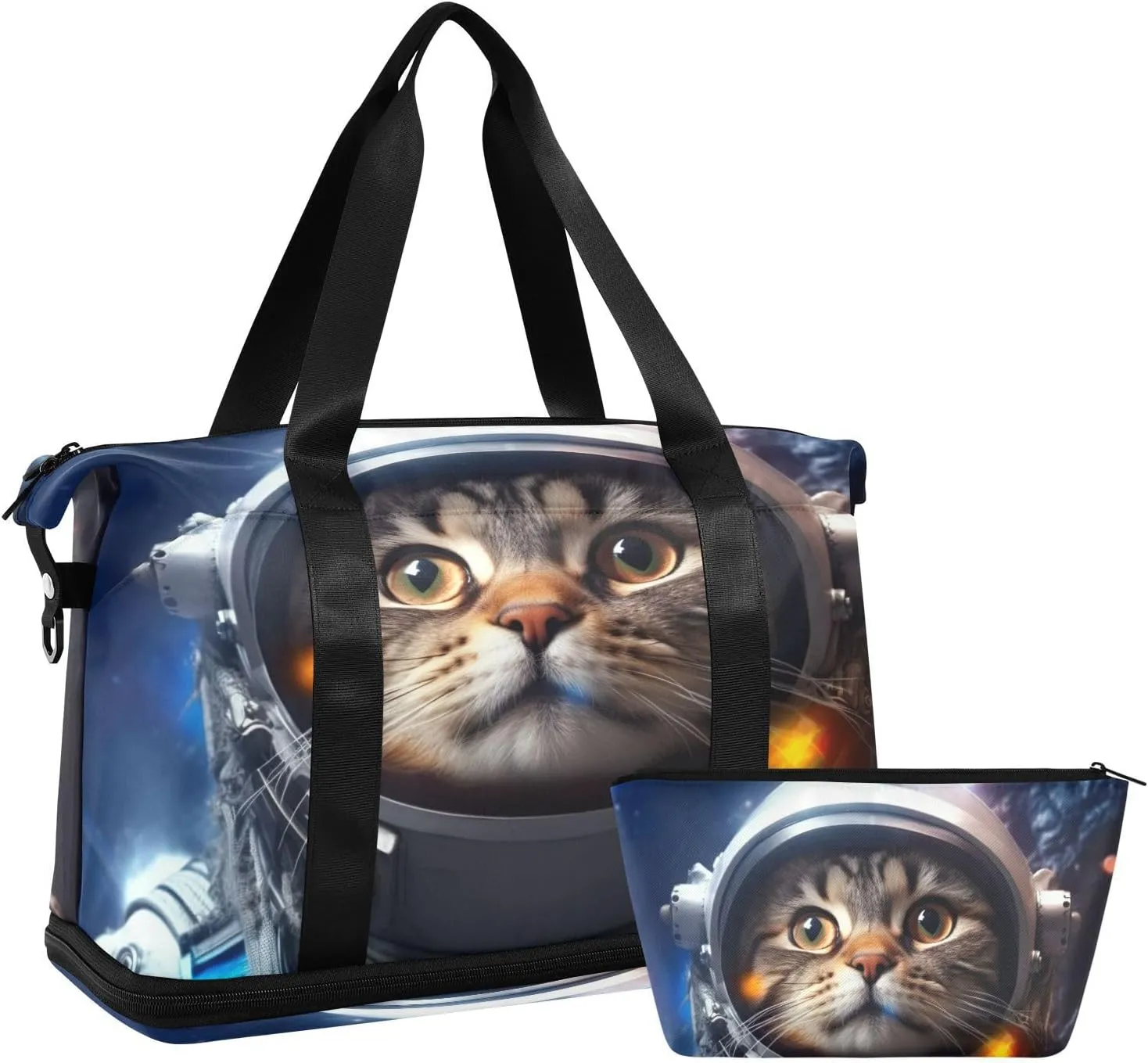 Space Cat Sports Gym Bag,Travel Duffel bag with Wet Pocket & Shoes Compartment Lightweight Waterproof Overnight Bag for Men Women