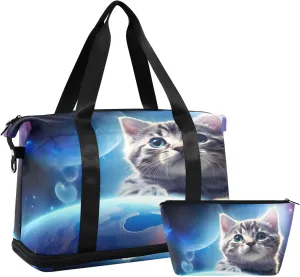 Space Cat Sports Gym Bag,Travel Duffel bag with Wet Pocket & Shoes Compartment Lightweight Waterproof Overnight Bag for Men Women