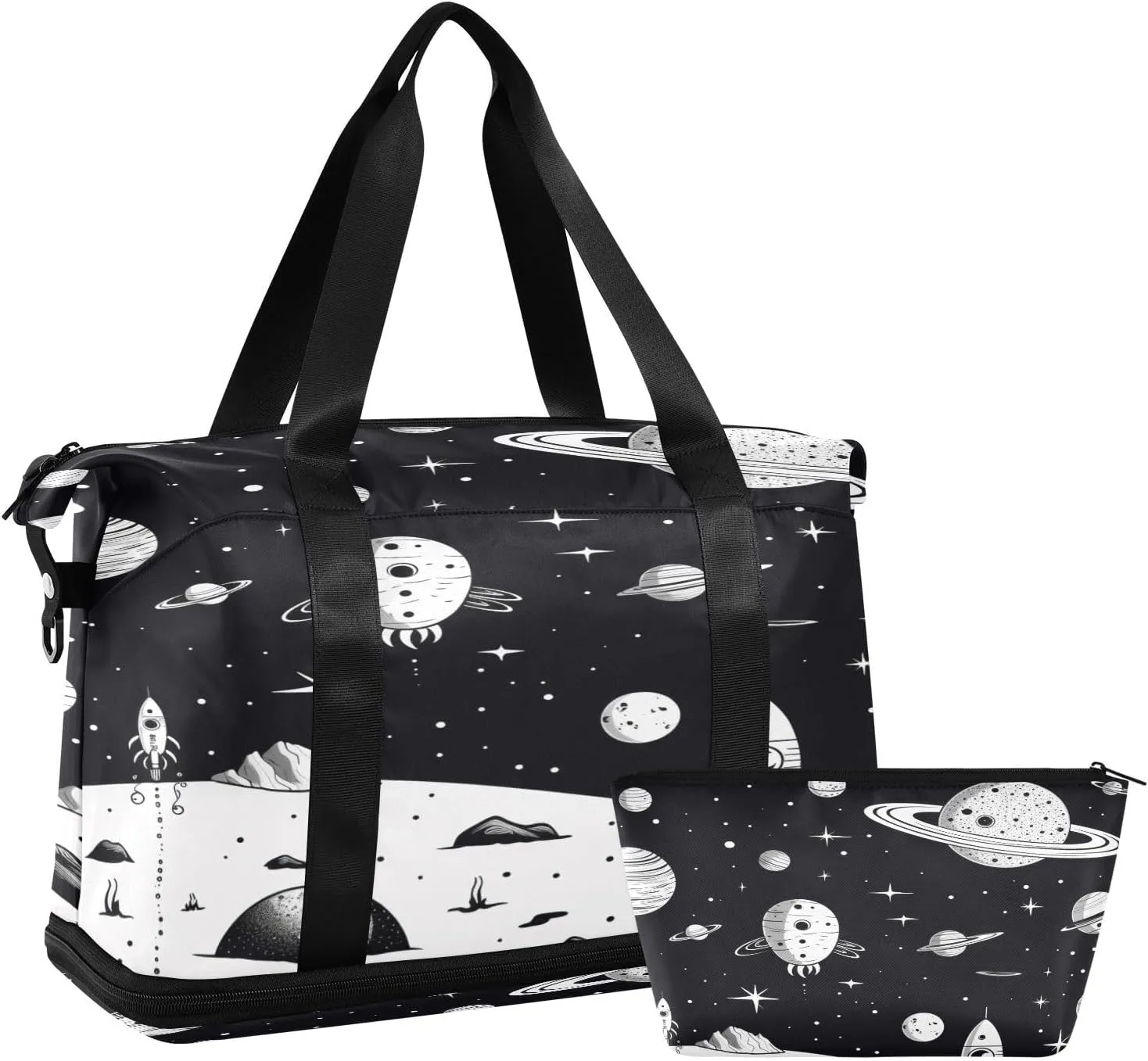 Space Themed Gym Bag for Men Women with Shoes Compartment & Wet Pocket Sport Travel Duffel Bag Waterproof Weekender Overnight Bag