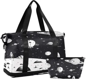 Space Themed Gym Bag for Men Women with Shoes Compartment & Wet Pocket Sport Travel Duffel Bag Waterproof Weekender Overnight Bag