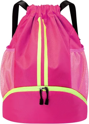 Sports Drawstring Backpack String Swim Gym Bag With Shoes Compartment And Proof Pocket For Women And Nylon (Hot Pink, A)