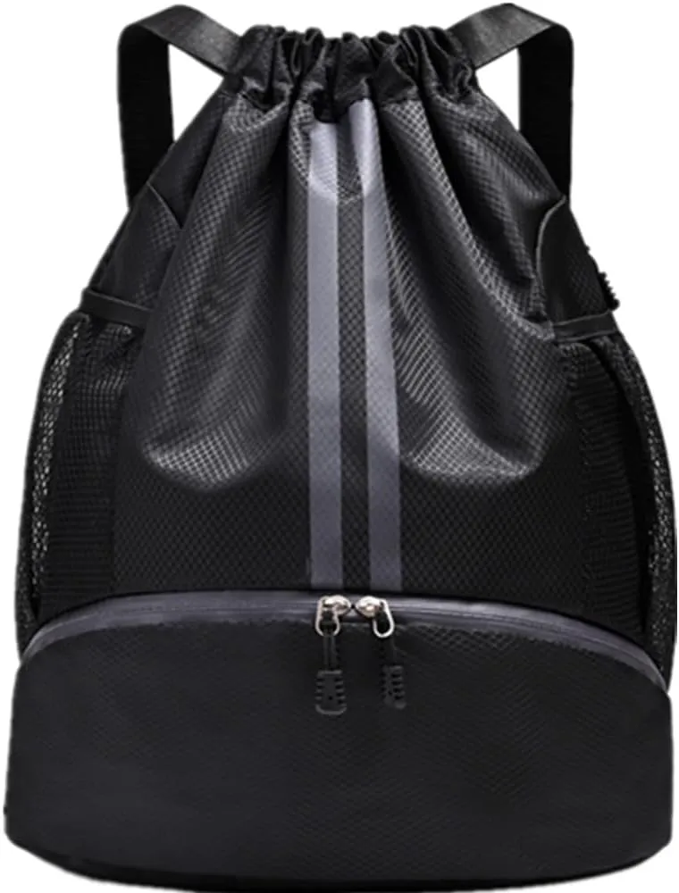 Sports Drawstring Backpack - Water Resistant Lightweight String Gym Bag with Shoes Compartment and Wet Proof Pocket for Women Men