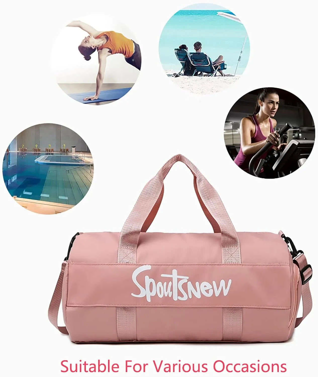 Sports Duffels Bag with Shoes Compartment Waterproof Overnight Bag for Beach Swim Travel Shoulder Bag for Women and Men (Pink)