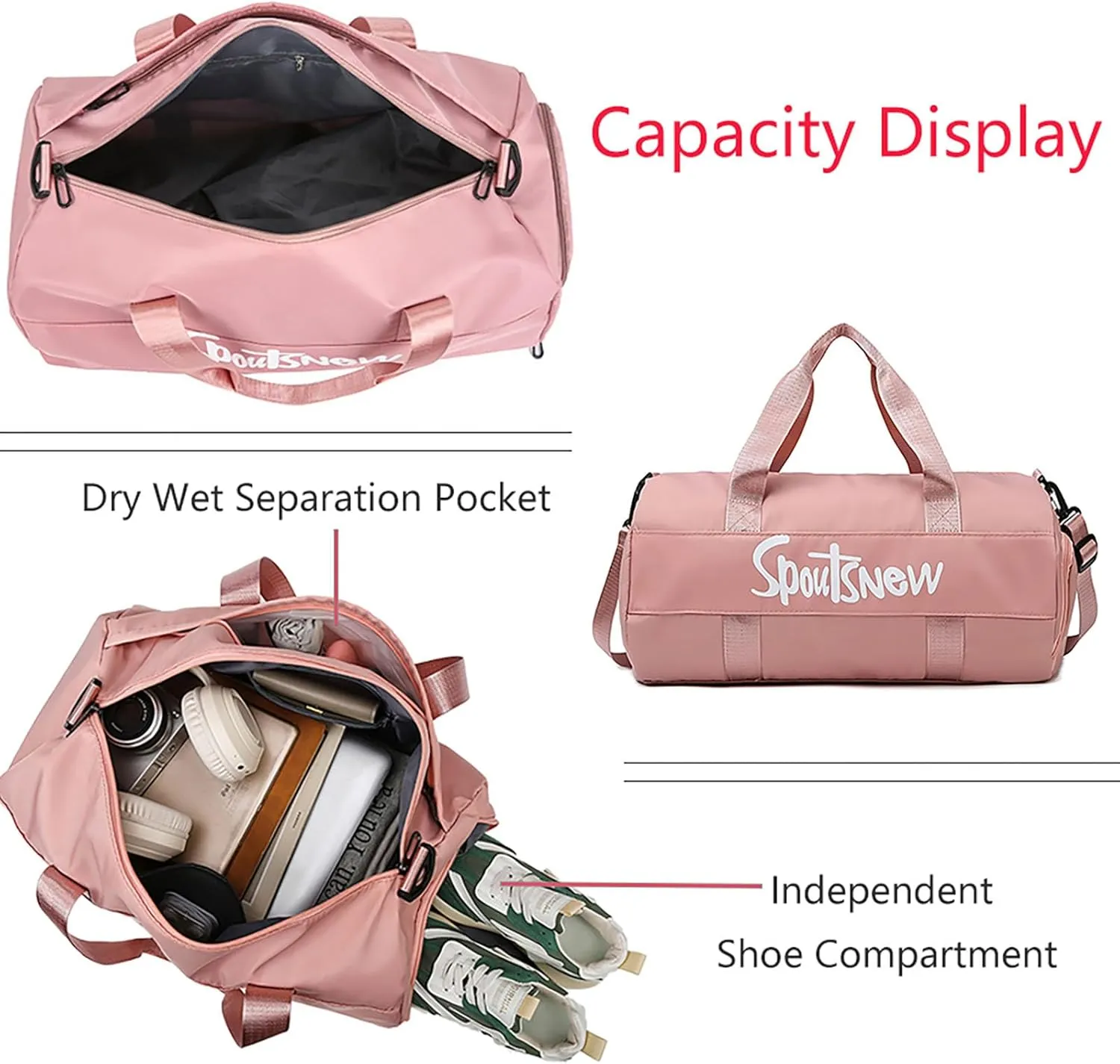 Sports Duffels Bag with Shoes Compartment Waterproof Overnight Bag for Beach Swim Travel Shoulder Bag for Women and Men (Pink)