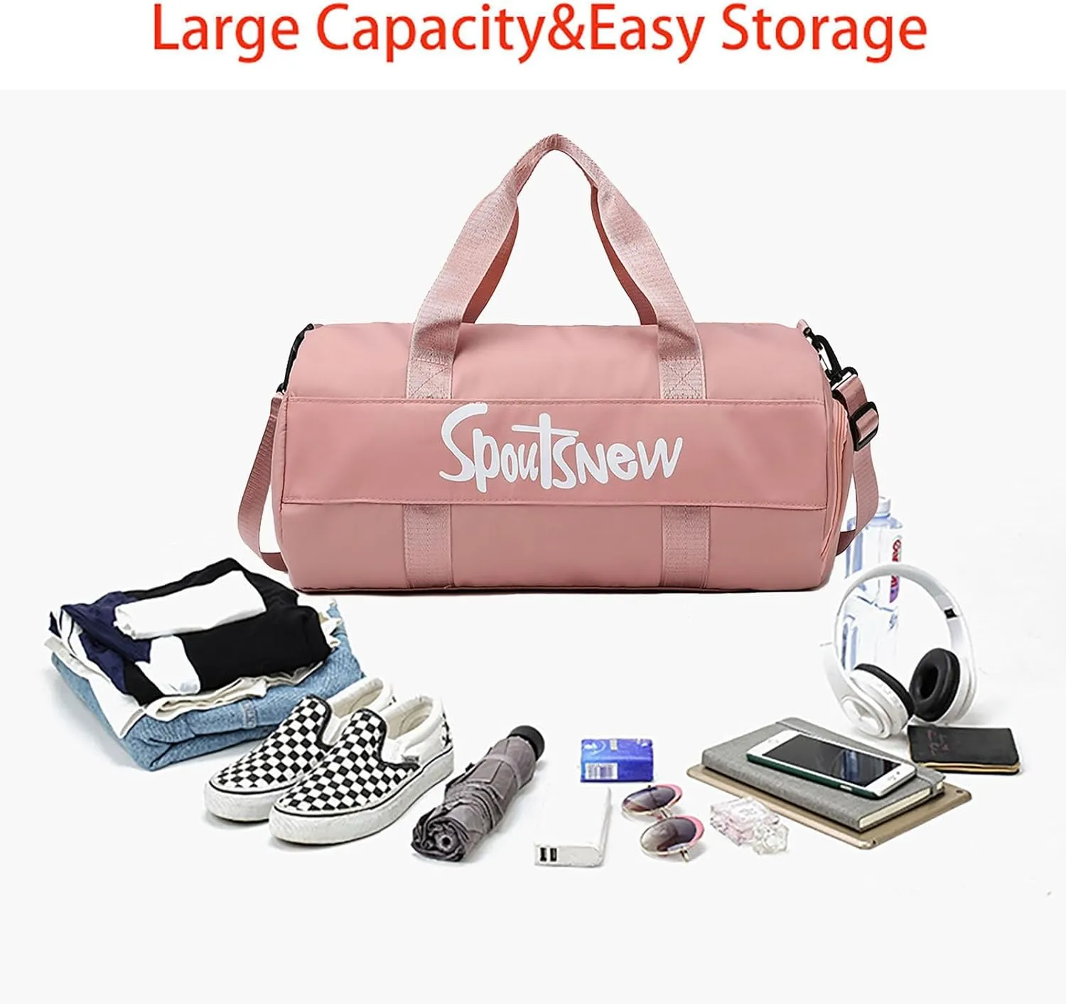 Sports Duffels Bag with Shoes Compartment Waterproof Overnight Bag for Beach Swim Travel Shoulder Bag for Women and Men (Pink)