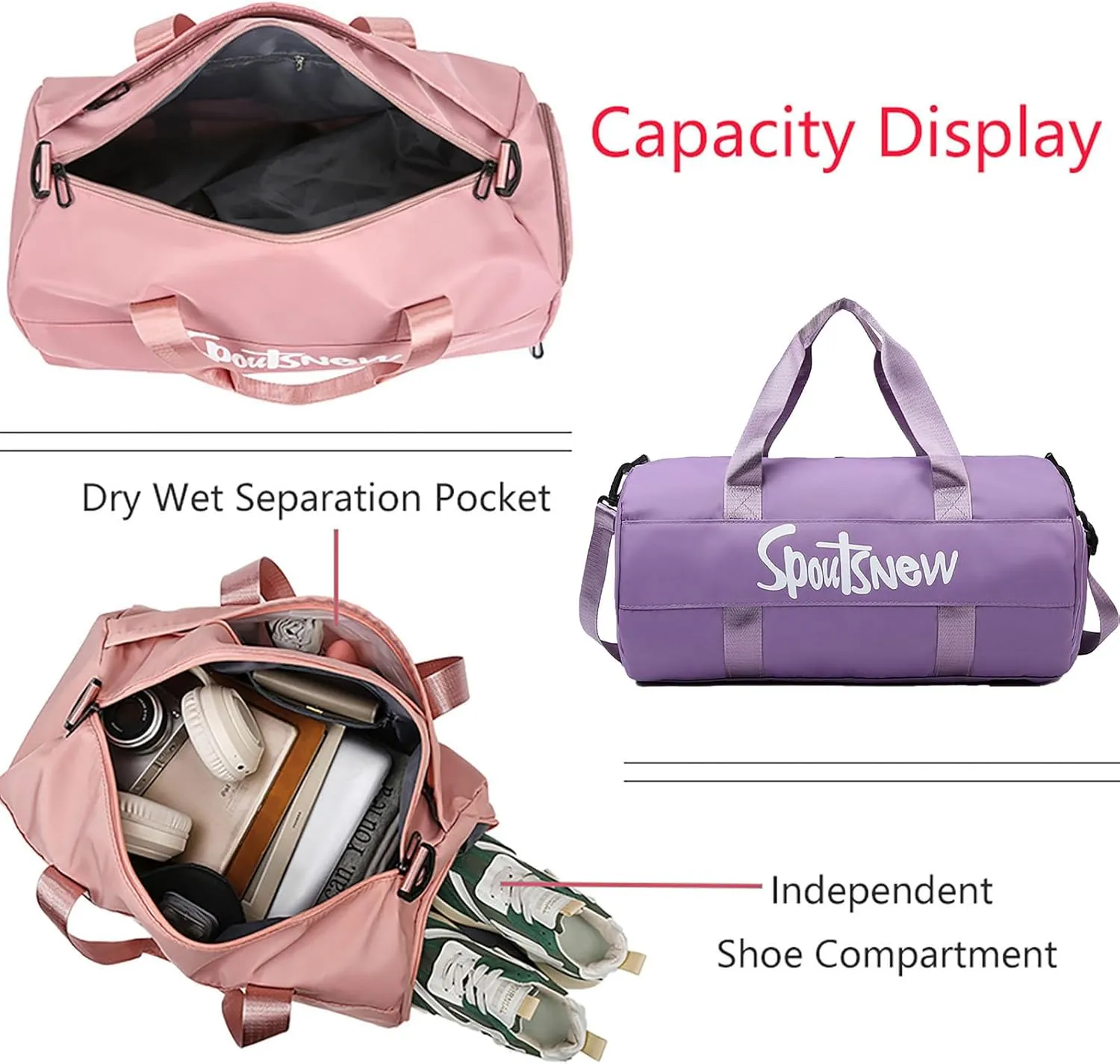 Sports Duffels Bag with Shoes Compartment Waterproof Overnight Bag for Beach Swim Travel Shoulder Bag for Women and Men (Purple)