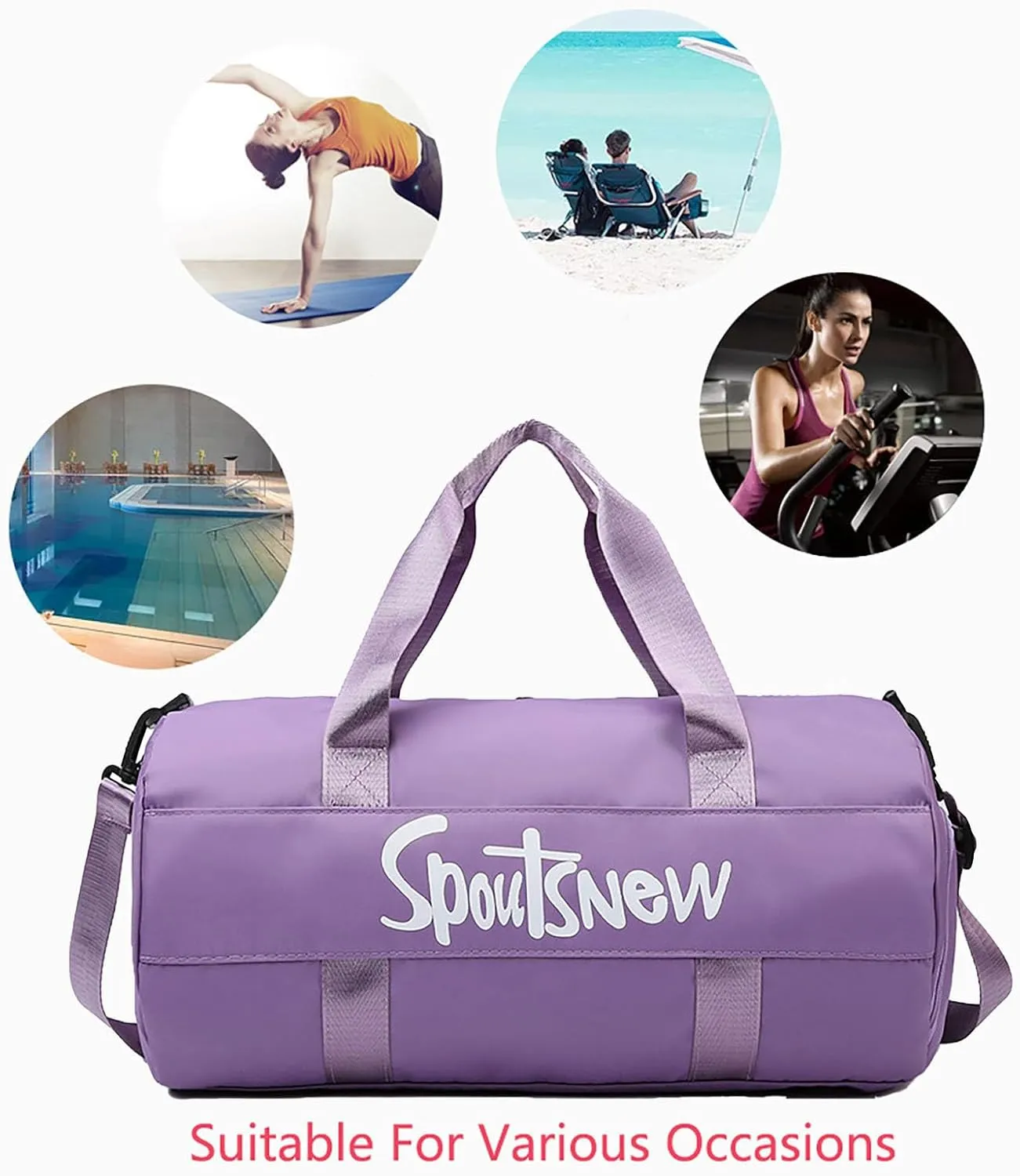 Sports Duffels Bag with Shoes Compartment Waterproof Overnight Bag for Beach Swim Travel Shoulder Bag for Women and Men (Purple)