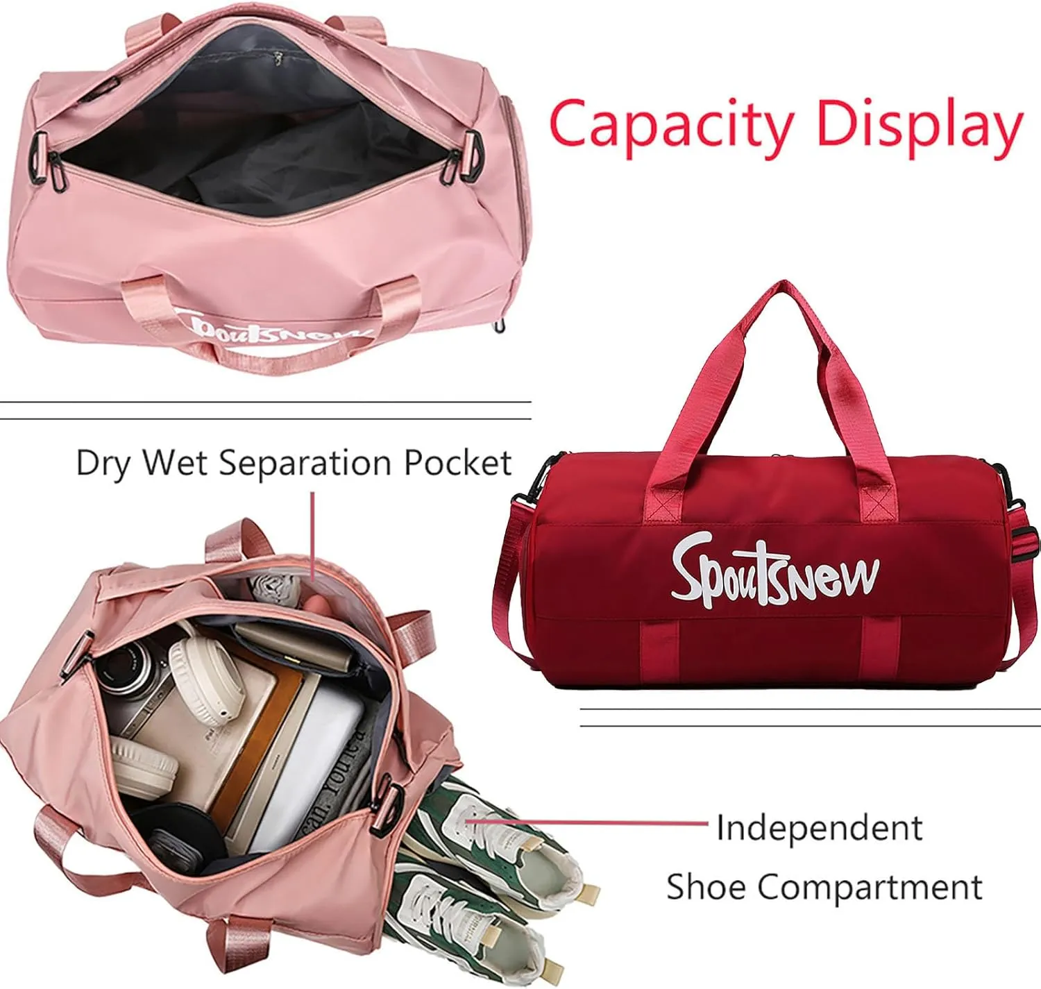 Sports Duffels Bag with Shoes Compartment Waterproof Overnight Bag for Beach Swim Travel Shoulder Bag for Women and Men (Red)