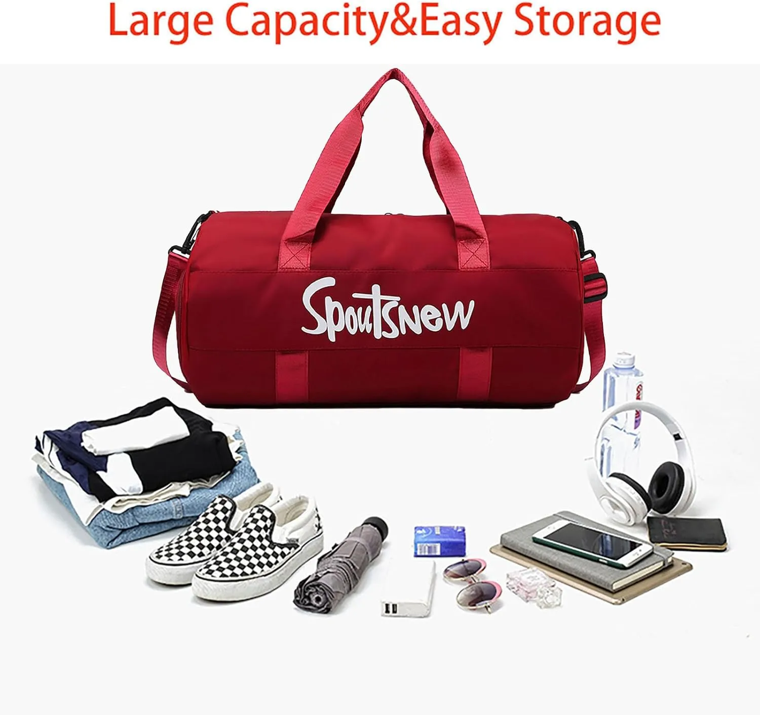 Sports Duffels Bag with Shoes Compartment Waterproof Overnight Bag for Beach Swim Travel Shoulder Bag for Women and Men (Red)
