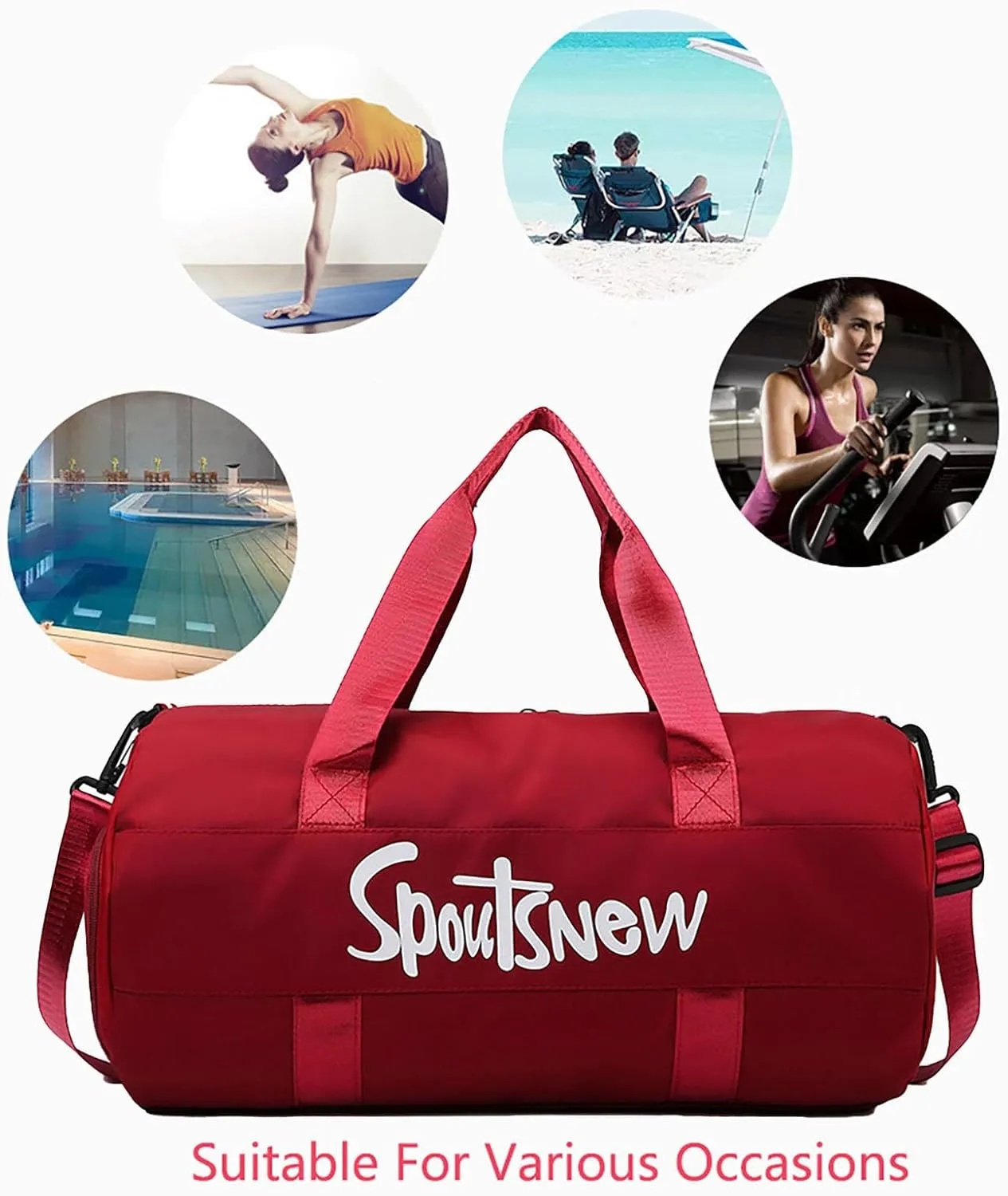 Sports Duffels Bag with Shoes Compartment Waterproof Overnight Bag for Beach Swim Travel Shoulder Bag for Women and Men (Red)