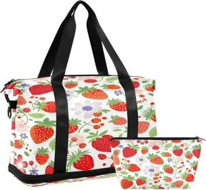 Strawberries Sports Gym Bag,Travel Duffel bag with Wet Pocket & Shoes Compartment Lightweight Waterproof Overnight Bag for Men Women