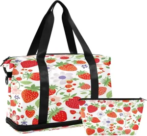 Strawberries Sports Gym Bag,Travel Duffel bag with Wet Pocket & Shoes Compartment Lightweight Waterproof Overnight Bag for Men Women