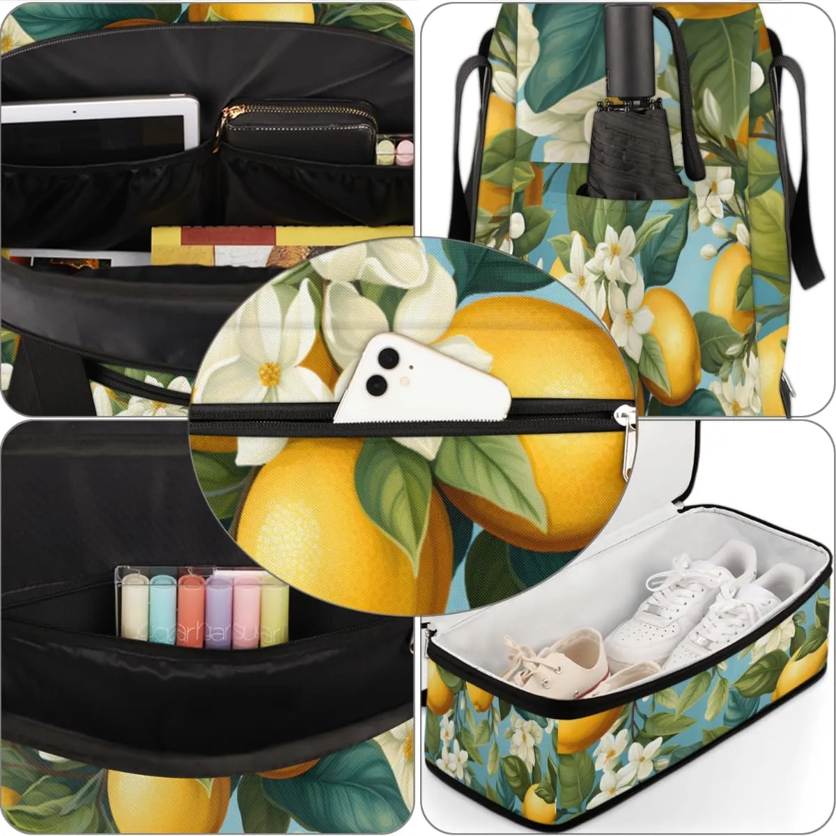 Summer Fruit Lemon Foldable Travel Duffel Bag Overnight Weekender Bag with Shoes Compartment Sports Gym Bag for Men Women
