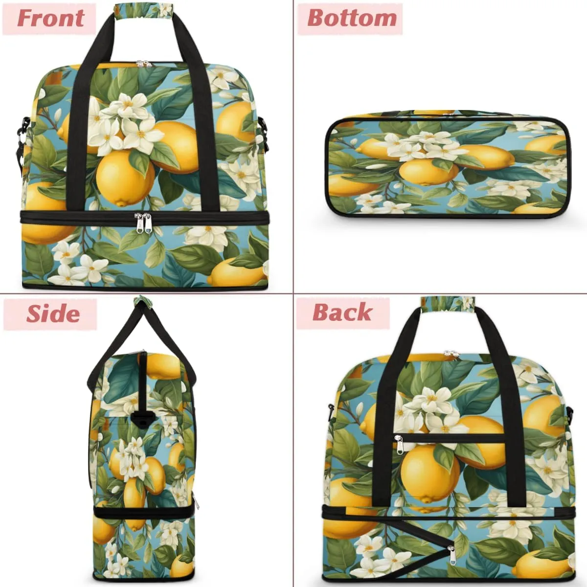 Summer Fruit Lemon Foldable Travel Duffel Bag Overnight Weekender Bag with Shoes Compartment Sports Gym Bag for Men Women