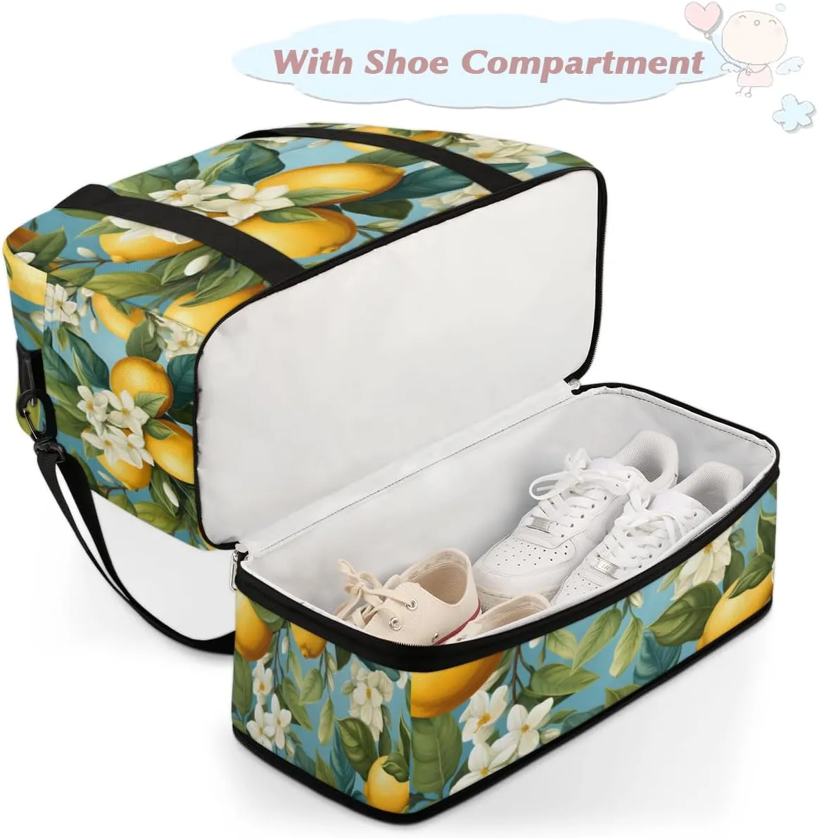 Summer Fruit Lemon Foldable Travel Duffel Bag Overnight Weekender Bag with Shoes Compartment Sports Gym Bag for Men Women