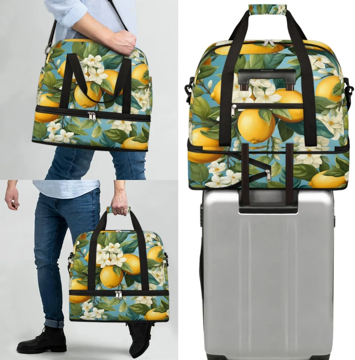 Summer Fruit Lemon Foldable Travel Duffel Bag Overnight Weekender Bag with Shoes Compartment Sports Gym Bag for Men Women