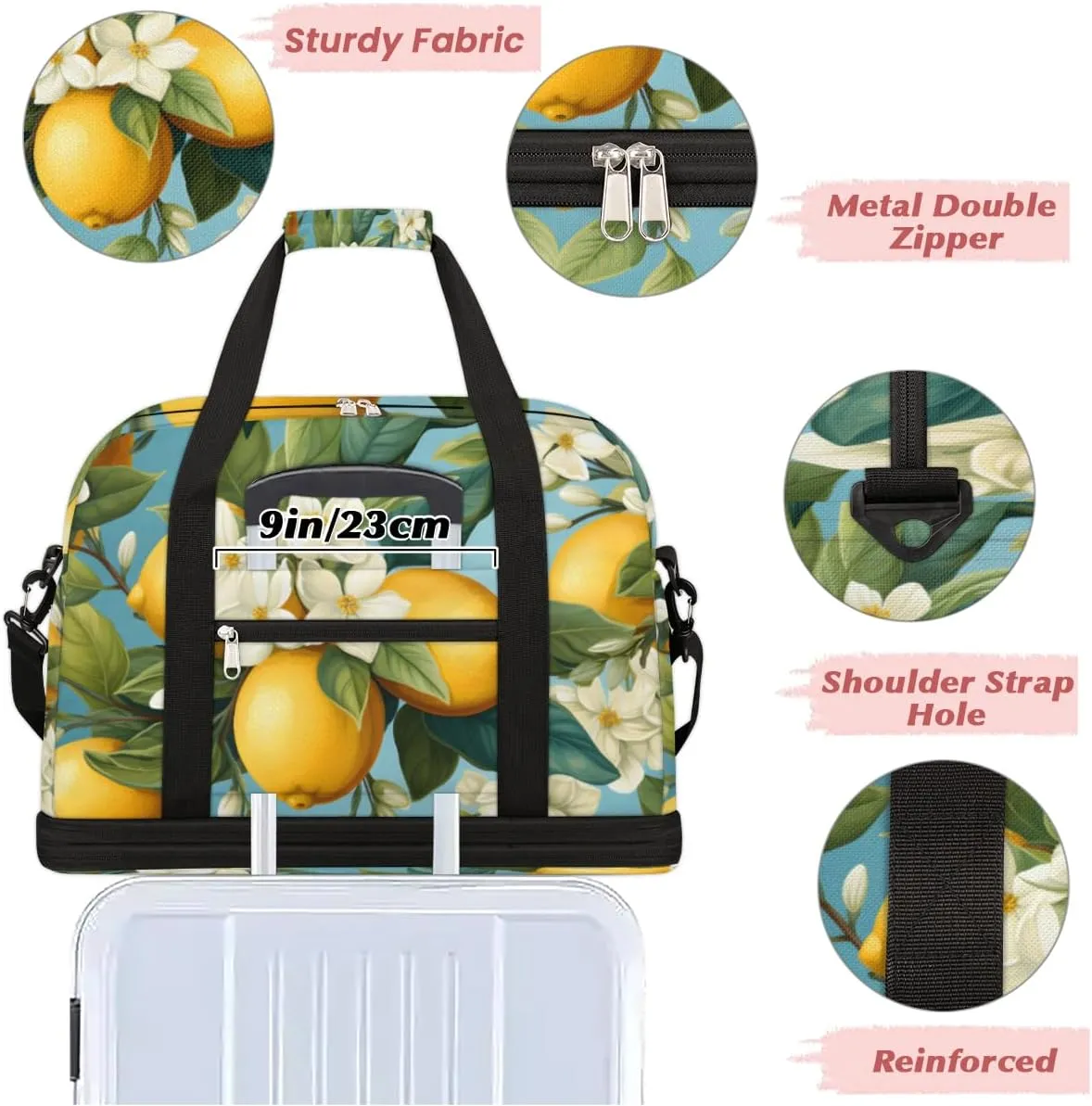 Summer Fruit Lemon Foldable Travel Duffel Bag Overnight Weekender Bag with Shoes Compartment Sports Gym Bag for Men Women