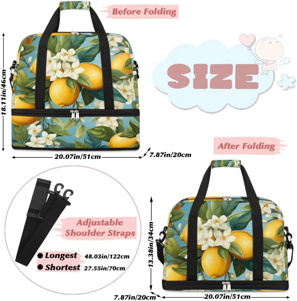 Summer Fruit Lemon Foldable Travel Duffel Bag Overnight Weekender Bag with Shoes Compartment Sports Gym Bag for Men Women