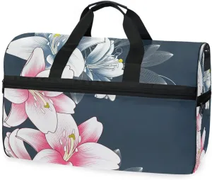 susiyo Lily Flowers Sports Gym Bag, Travel Duffel Bag with Shoes Compartment Overnight Weekender Workout Bag for Men Women