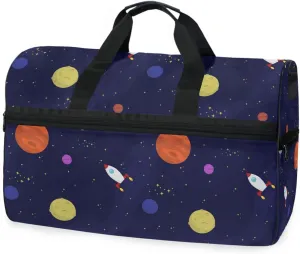 susiyo Planets Spaceships Stars Sports Gym Bag, Travel Duffel Bag with Shoes Compartment Overnight Weekender Workout Bag for Men Women