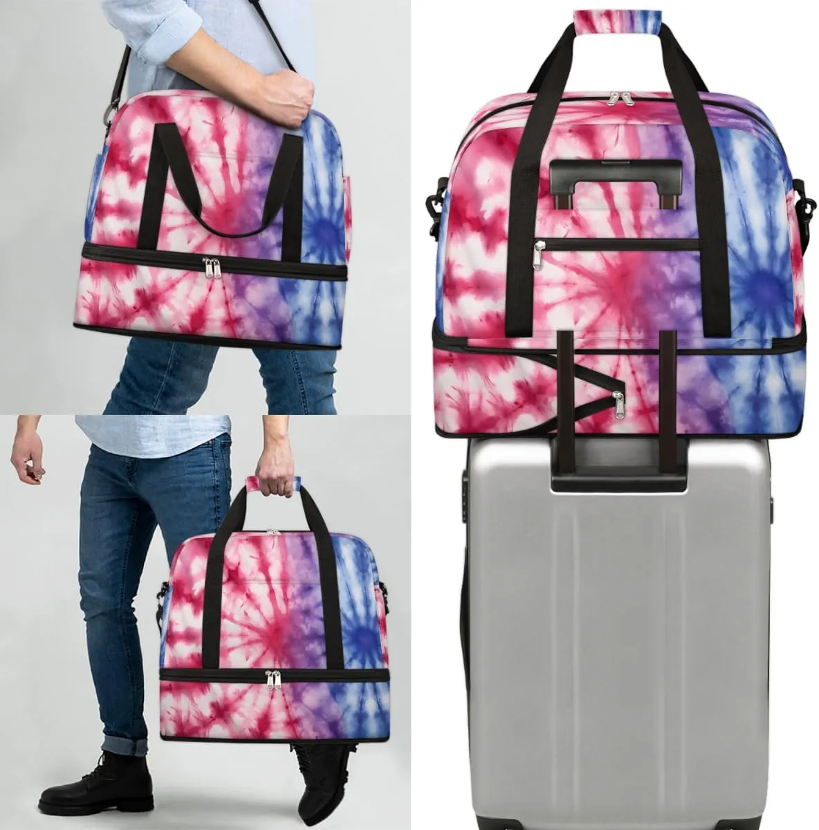 Tie Dye Print Foldable Travel Duffel Bag Overnight Weekender Bag with Shoes Compartment Sports Gym Bag for Men Women