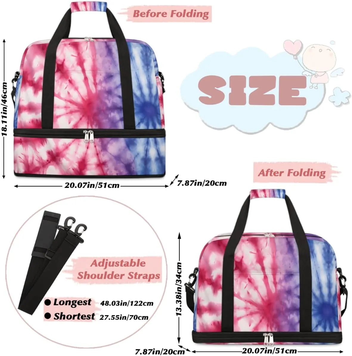 Tie Dye Print Foldable Travel Duffel Bag Overnight Weekender Bag with Shoes Compartment Sports Gym Bag for Men Women