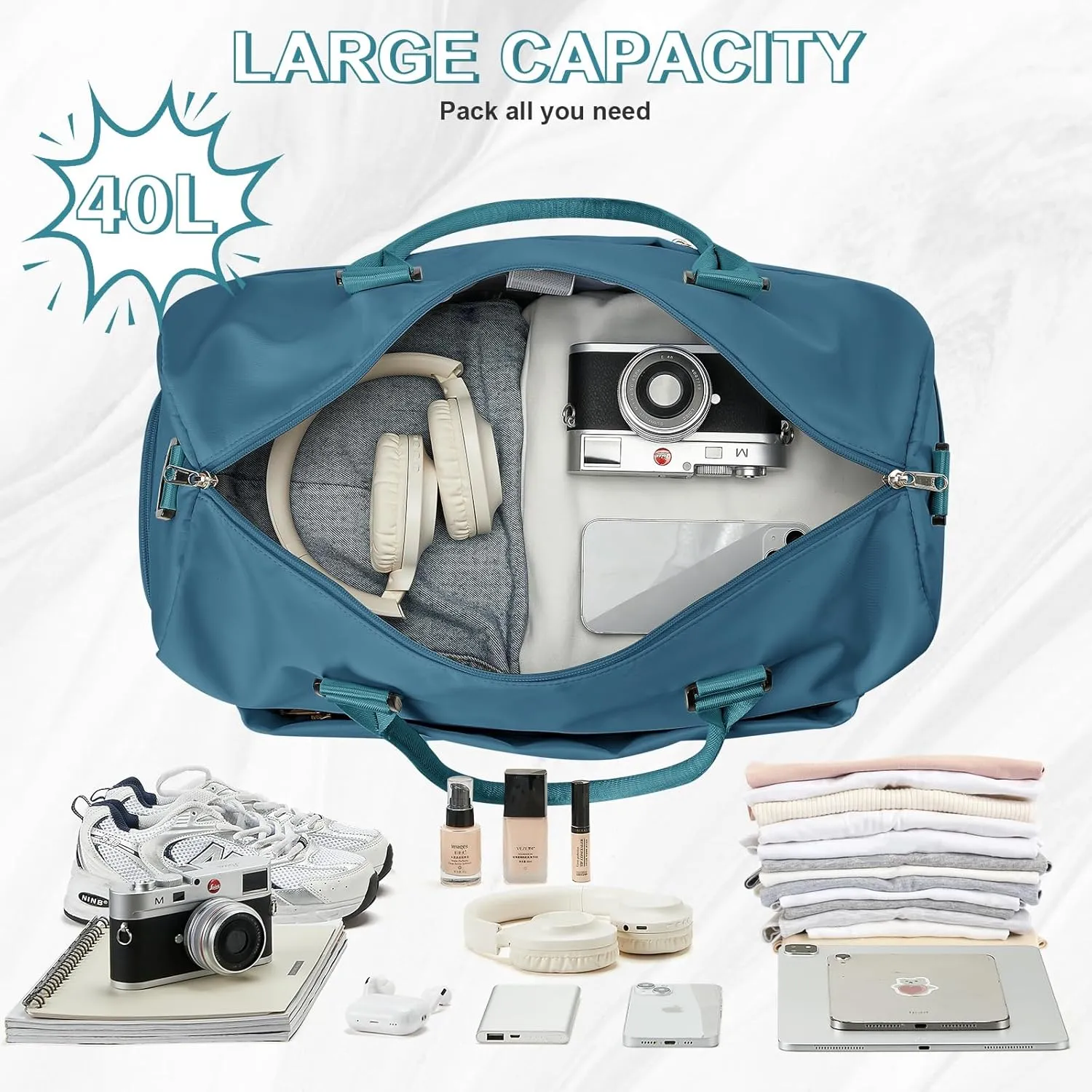 Travel Duffle Bag, Waterproof Weekender Bag Carry On Tote Bags for Women, A-peacock blue, Large(with shoes compartment)