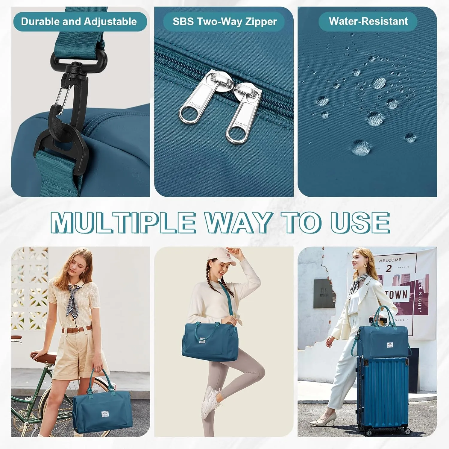 Travel Duffle Bag, Waterproof Weekender Bag Carry On Tote Bags for Women, A-peacock blue, Large(with shoes compartment)