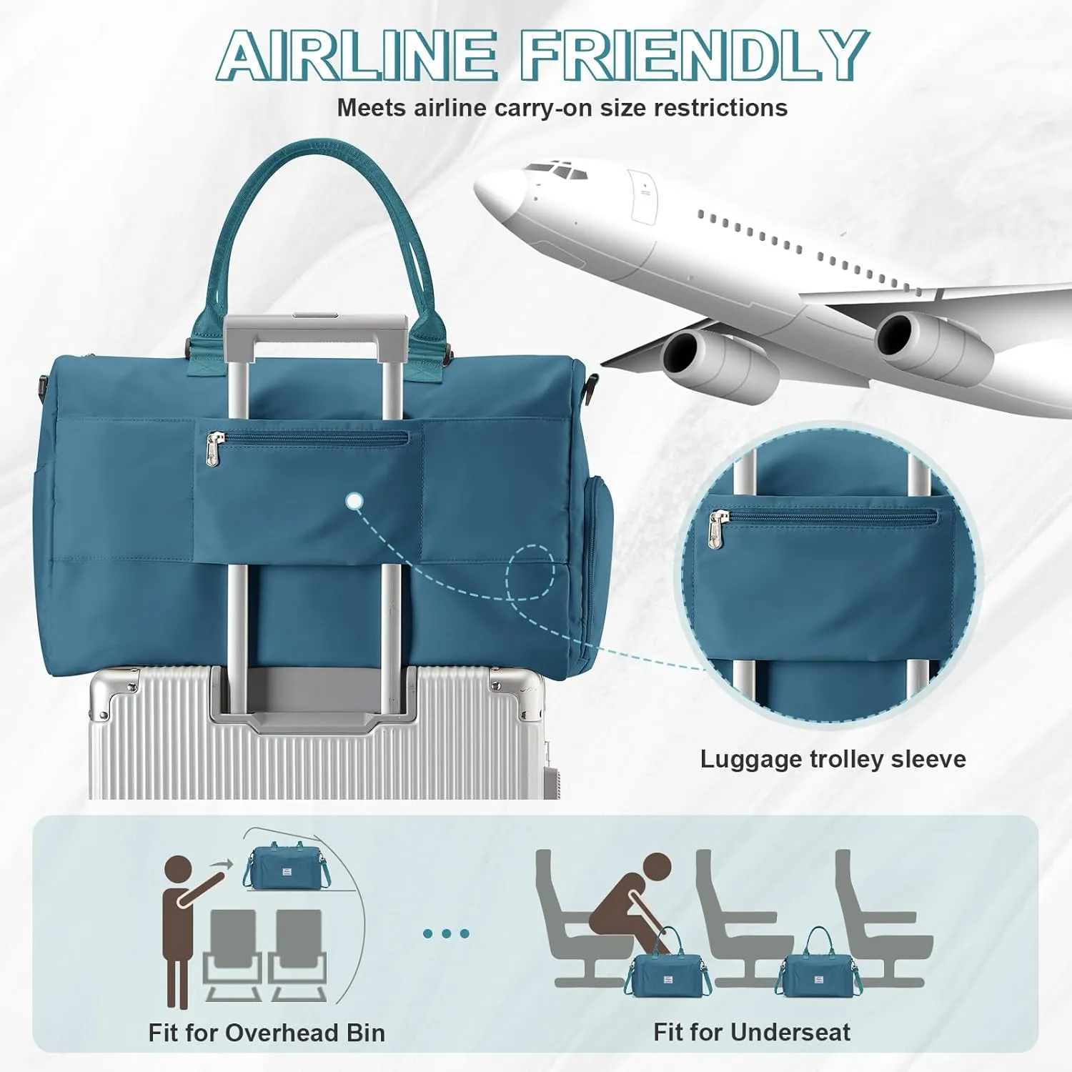 Travel Duffle Bag, Waterproof Weekender Bag Carry On Tote Bags for Women, A-peacock blue, Large(with shoes compartment)
