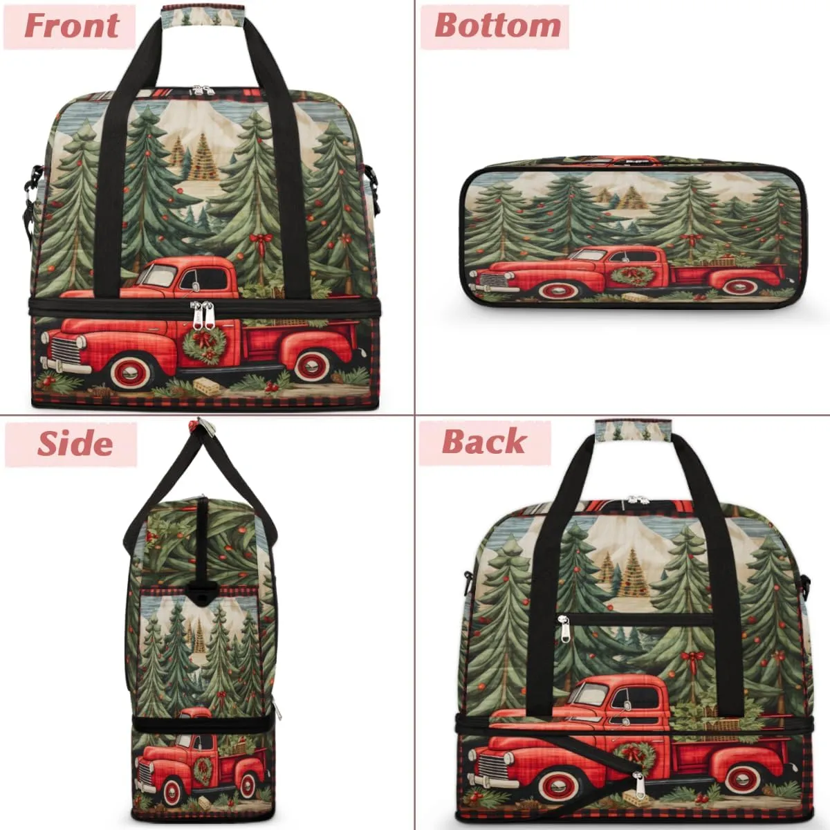 Truck Christmas Theme Foldable Travel Duffel Bag Overnight Weekender Bag with Shoes Compartment Sports Gym Bag for Men Women