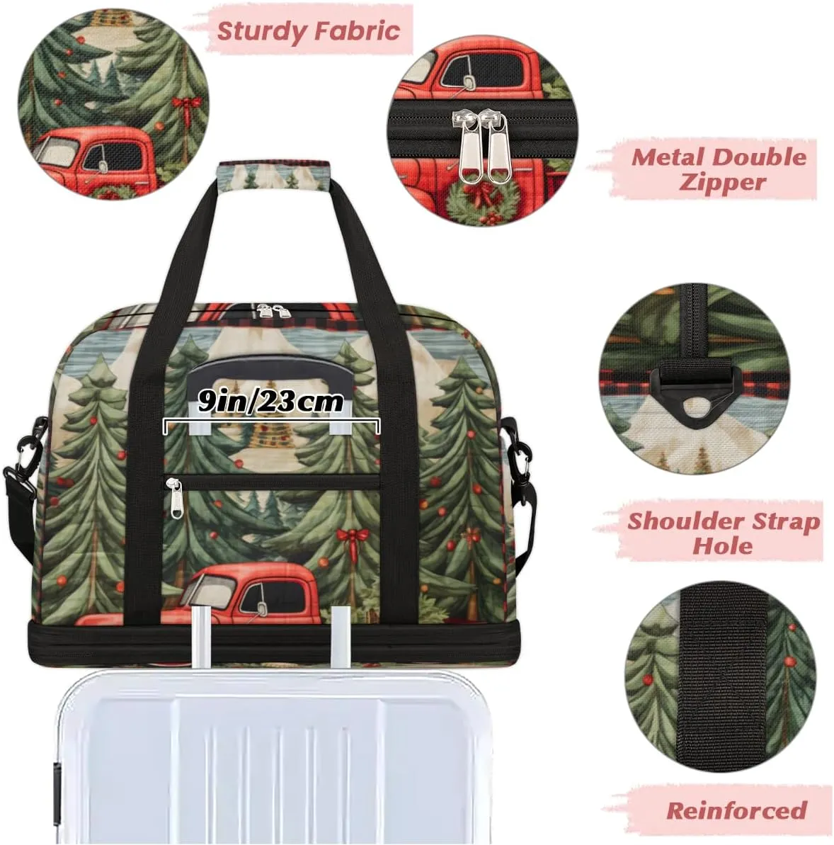 Truck Christmas Theme Foldable Travel Duffel Bag Overnight Weekender Bag with Shoes Compartment Sports Gym Bag for Men Women