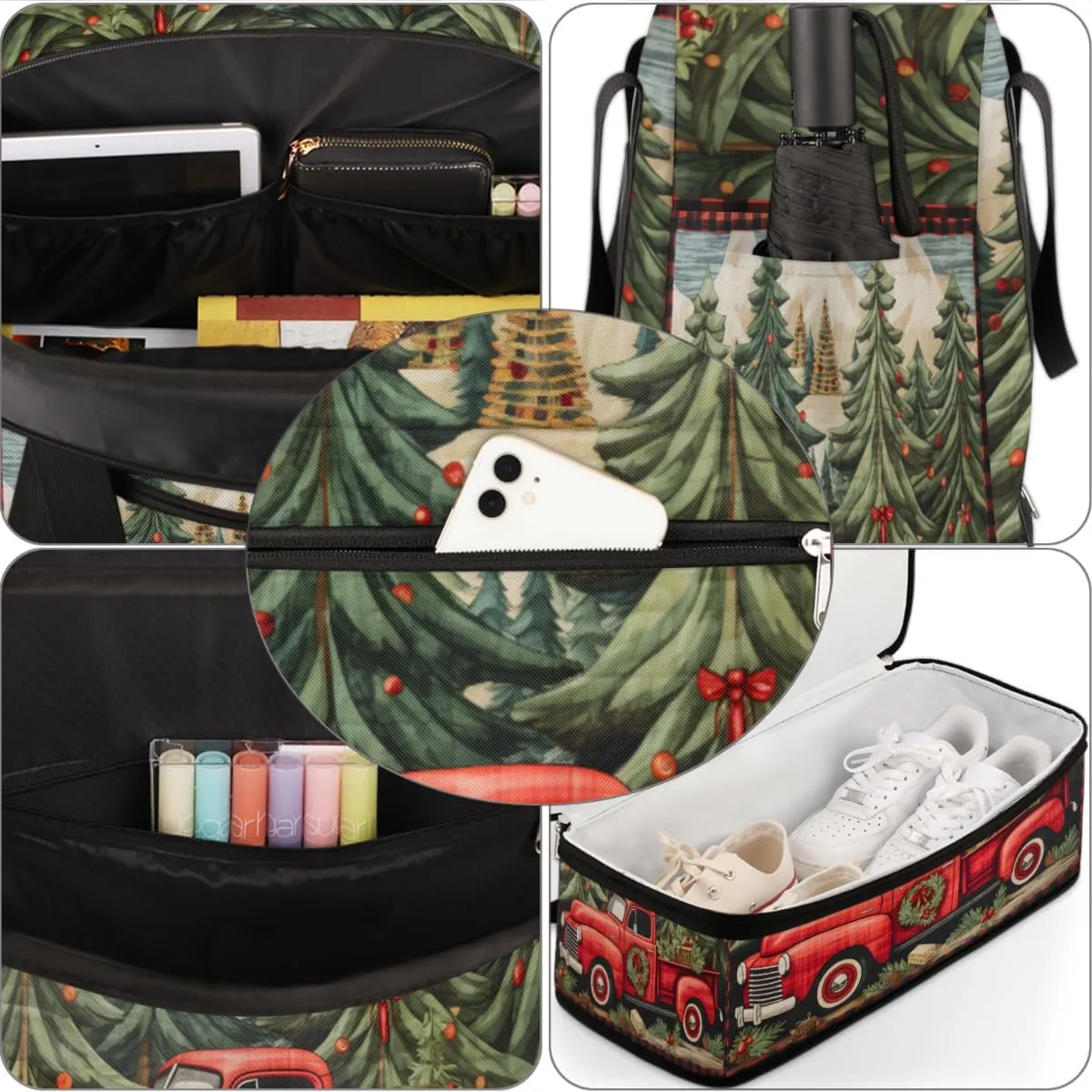 Truck Christmas Theme Foldable Travel Duffel Bag Overnight Weekender Bag with Shoes Compartment Sports Gym Bag for Men Women