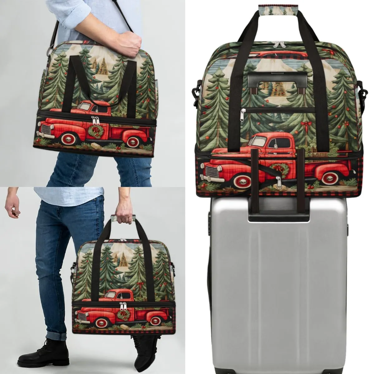Truck Christmas Theme Foldable Travel Duffel Bag Overnight Weekender Bag with Shoes Compartment Sports Gym Bag for Men Women